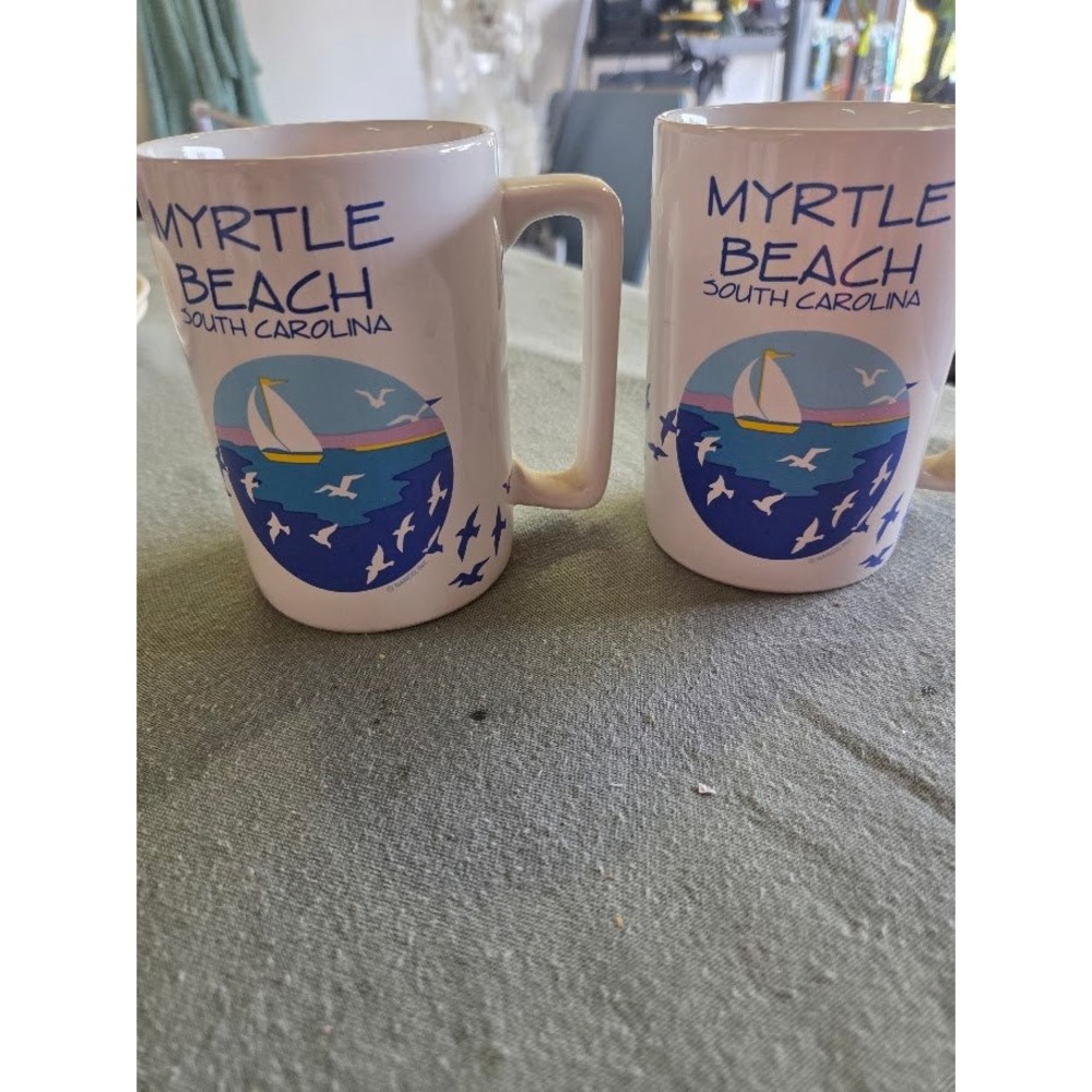 Vintage Myrtle Beach South Carolina Nanco Coffee Mug Set of 2 Sailboat Seagulls